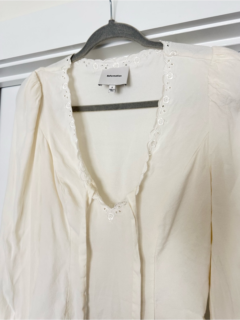 Reformation Ivory Scalloped Tie-Neck Blouse - Picture 7 of 8